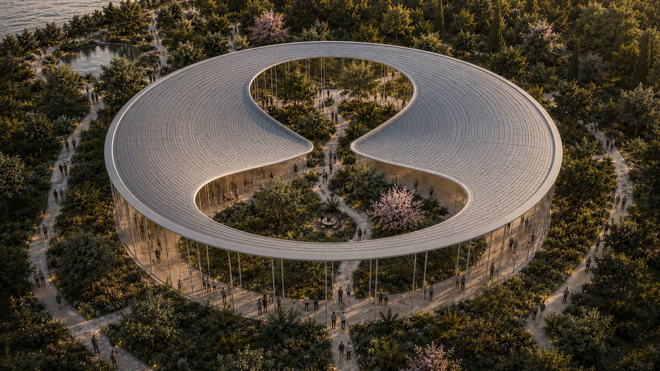 The completed campus from the air — one continuous roof with two gardens open to the sky