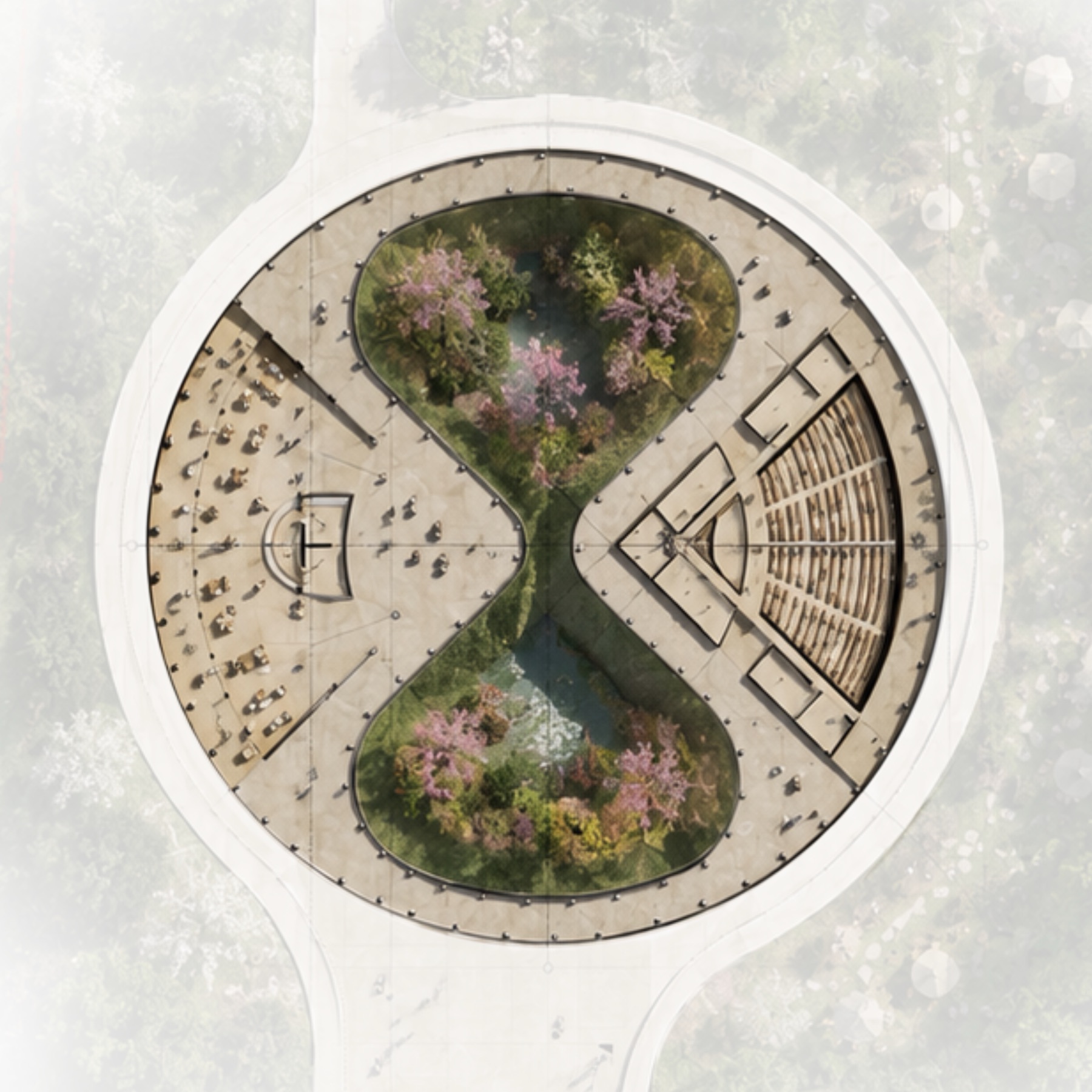 The finished campus plan — a circular roof, an hourglass garden, two halls facing each other