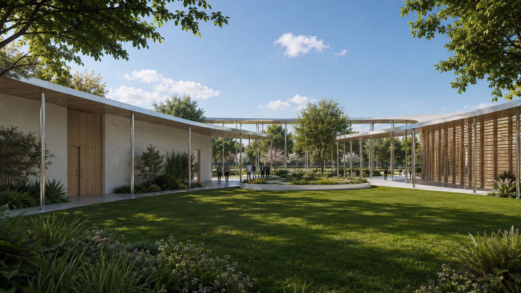 The garden court between two wings, lawn and low stone benches