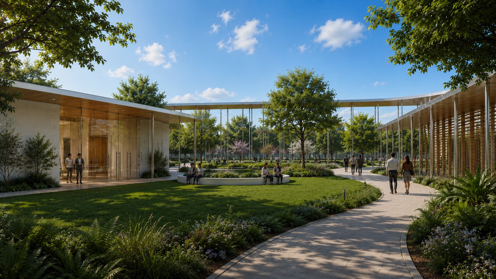 The centre of the garden, trees and planting under an open sky