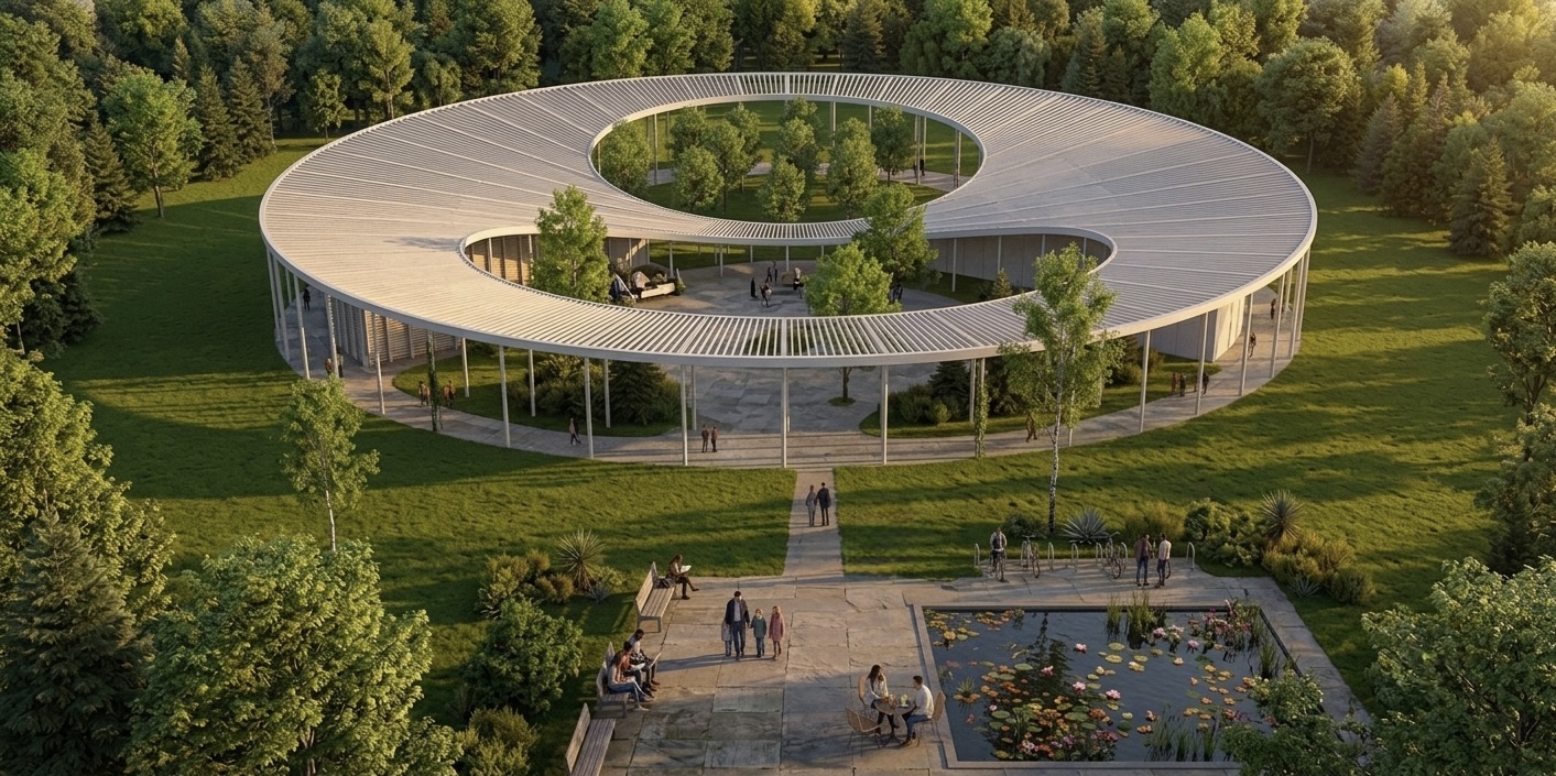 The ring from above — one covered walk closing on itself around the gardens