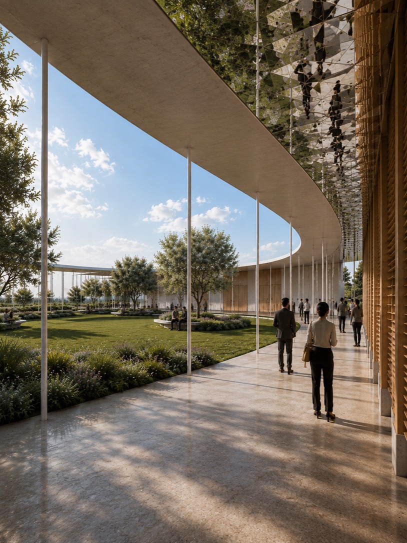 The covered walk curving away, garden on one side, timber screen on the other