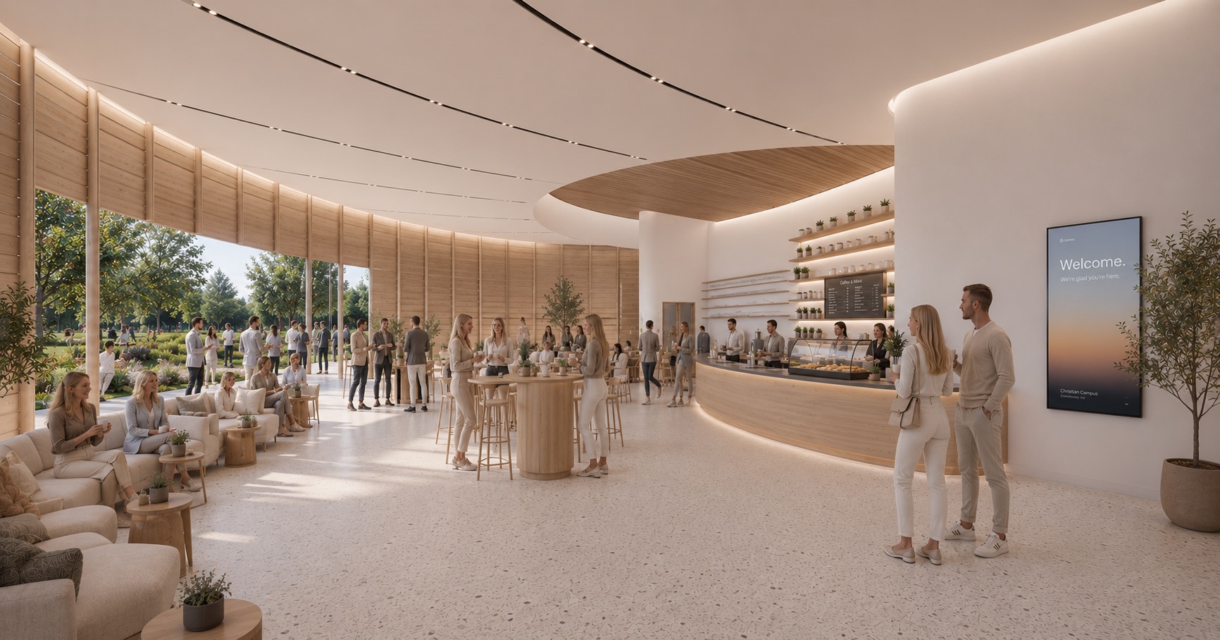 The commons interior — a warm timber room with soft seating and a counter