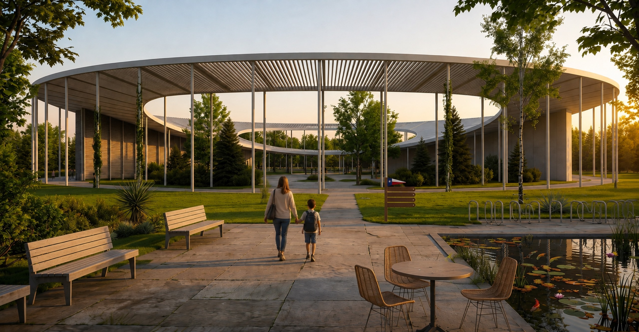A mother and child walking towards the campus at golden hour