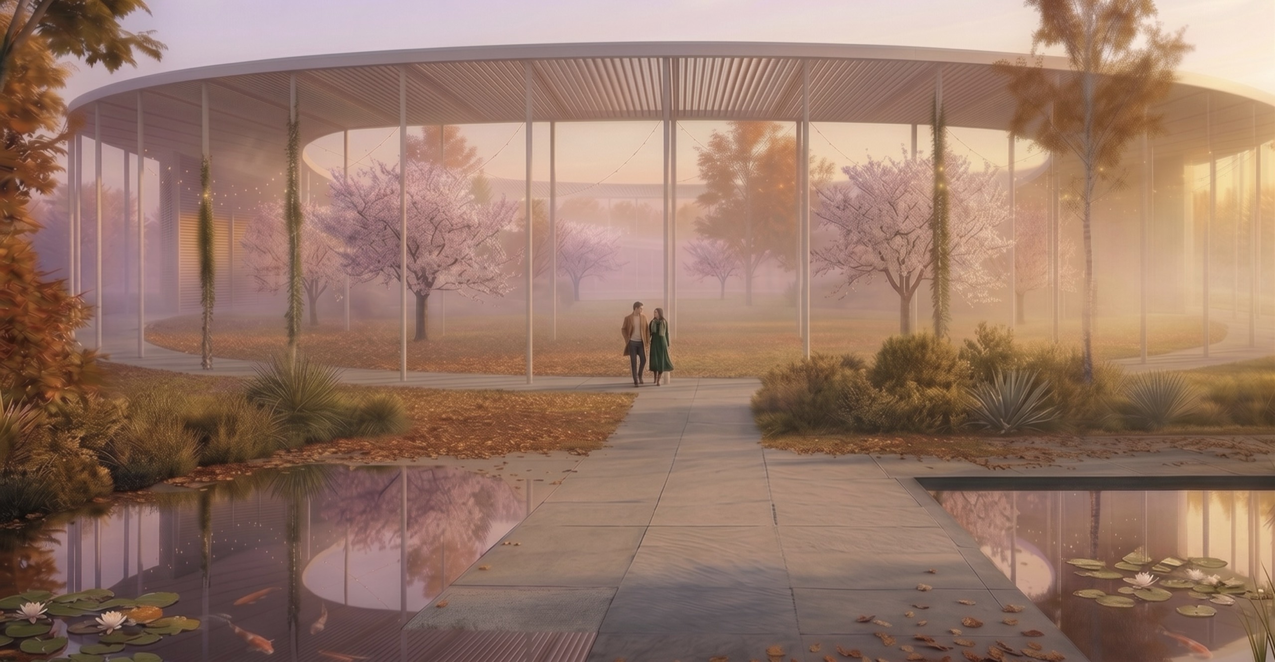 The same view in autumn mist, a couple walking together