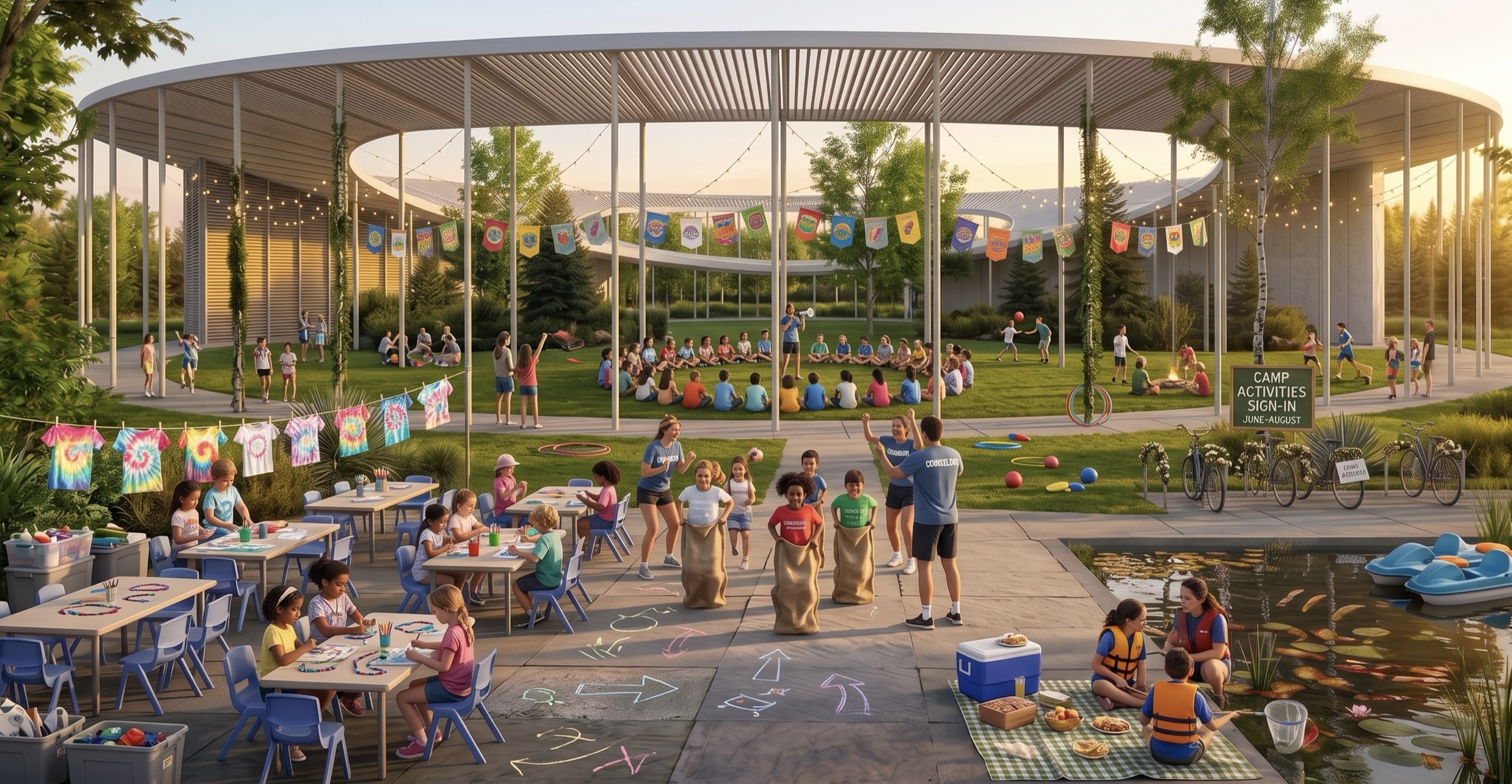 The same view in summer, children at camp with games and painting tables