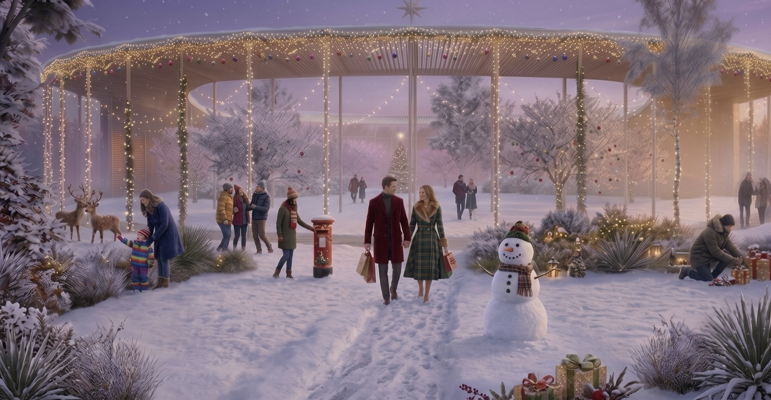 The same view under snow at Christmas, lights strung beneath the roof