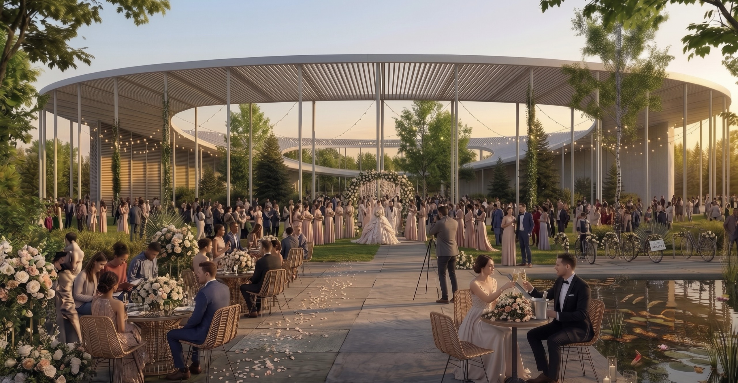 The same view set for a wedding, guests seated on the lawn