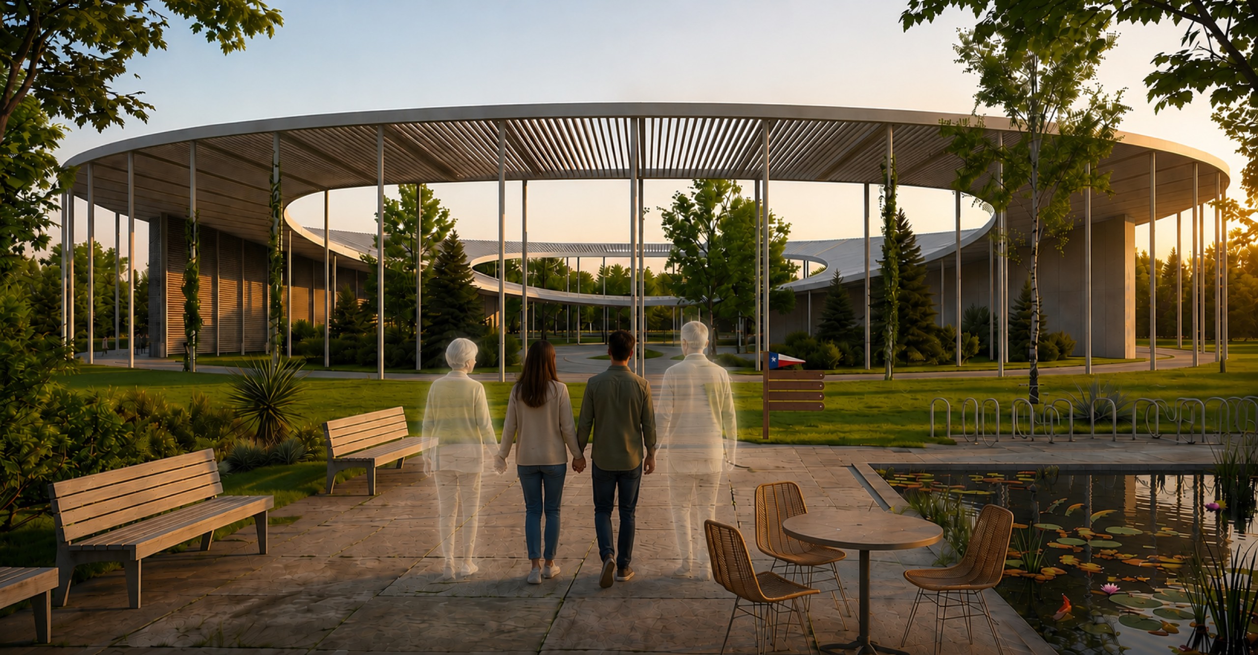 The same view at golden hour, a family walking with the translucent figures of those who came before